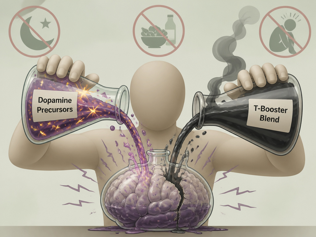 Cartoon of mixing testosterone and dopamine supplements causing brain jitters