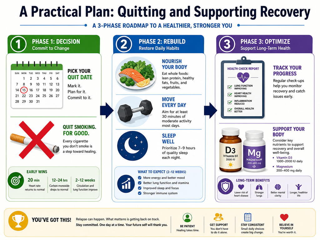 Infographic showing a three-phase plan to quit smoking and rebuild testosterone levels.