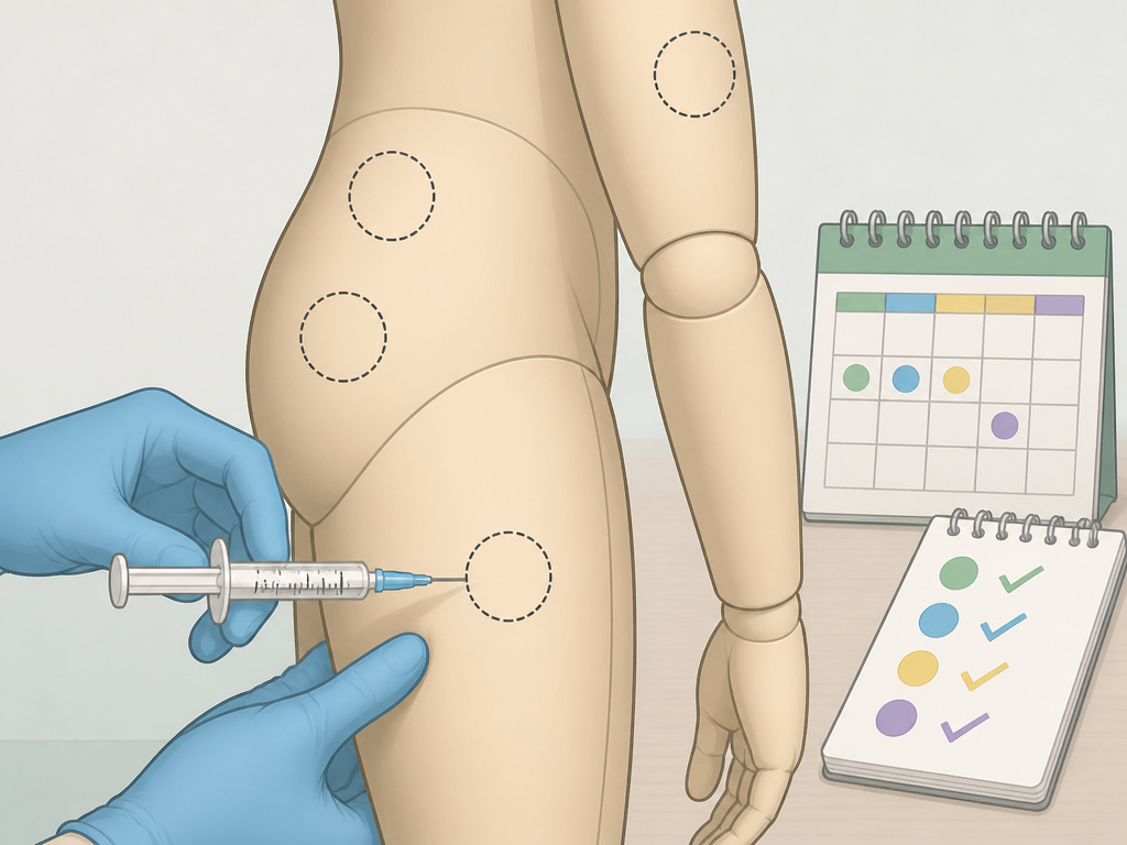 Cartoon diagram of testosterone propionate intramuscular injection sites and rotation schedule