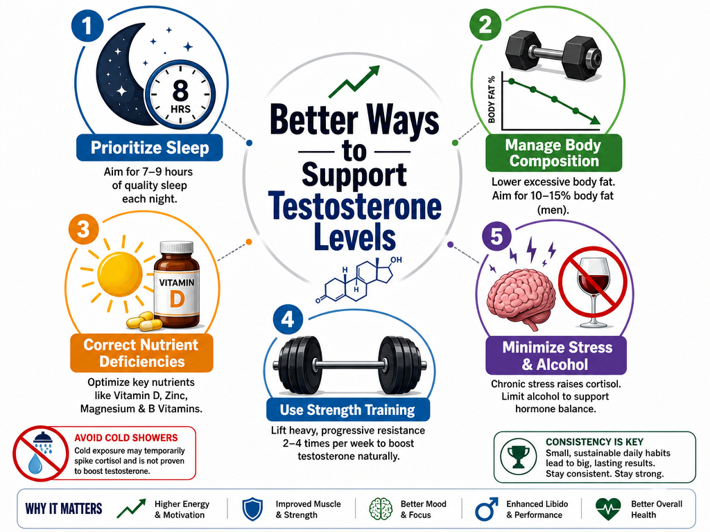 Infographic showing five evidence-based methods to increase testosterone levels naturally.