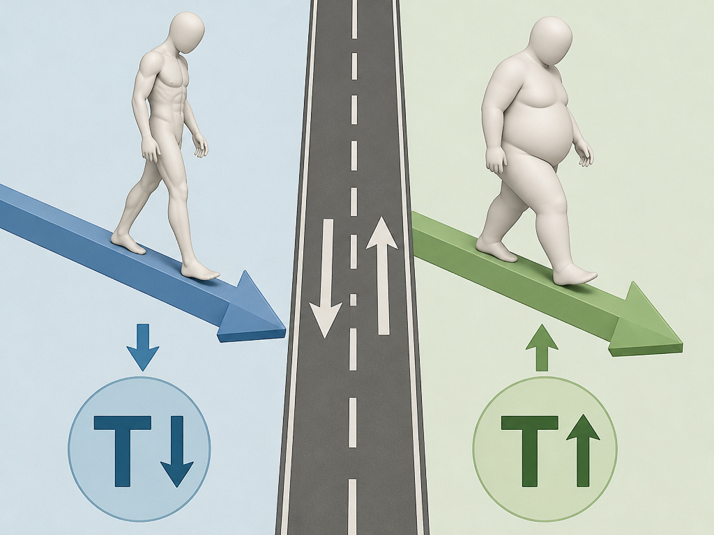 How calorie balance and body fat affect testosterone levels, diagram illustration.