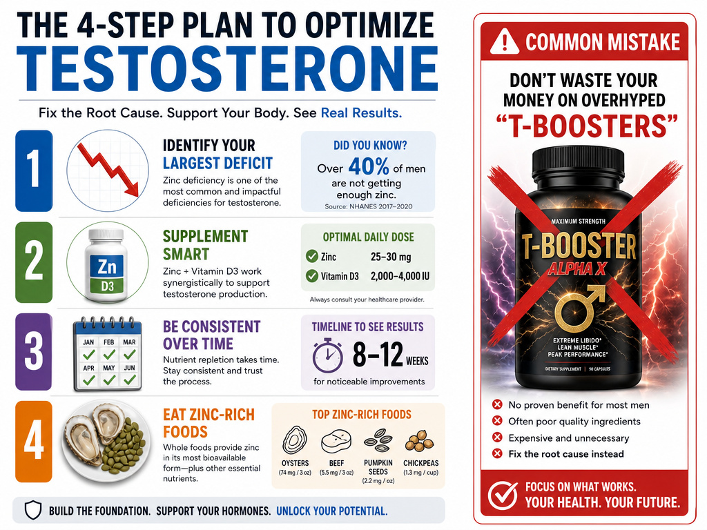 Infographic showing a four-step framework for correcting nutrient deficiencies to raise testosterone.