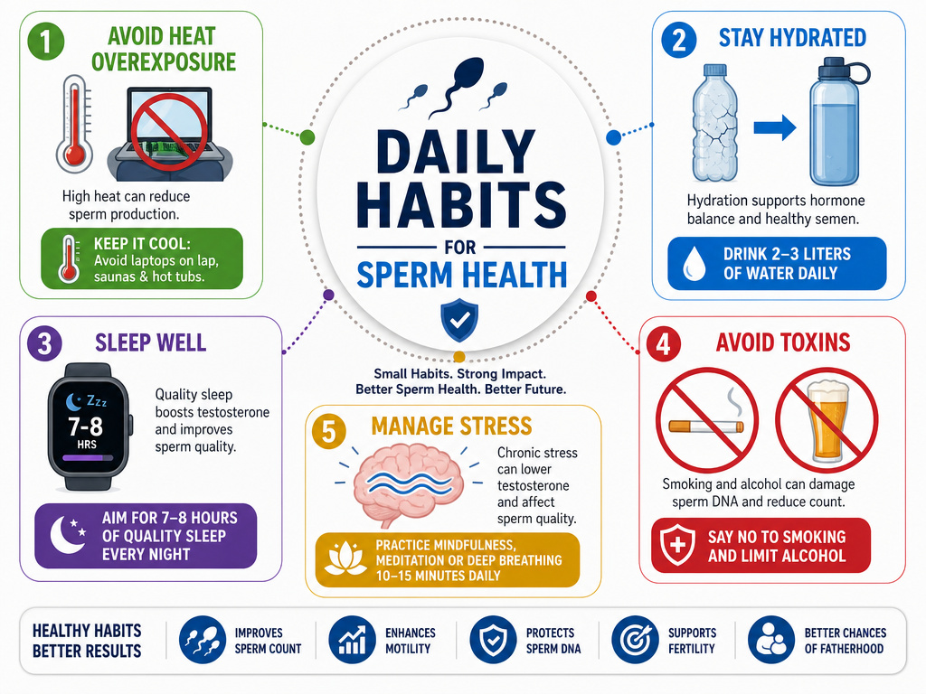 Infographic on daily habits to naturally improve male fertility and sperm count.