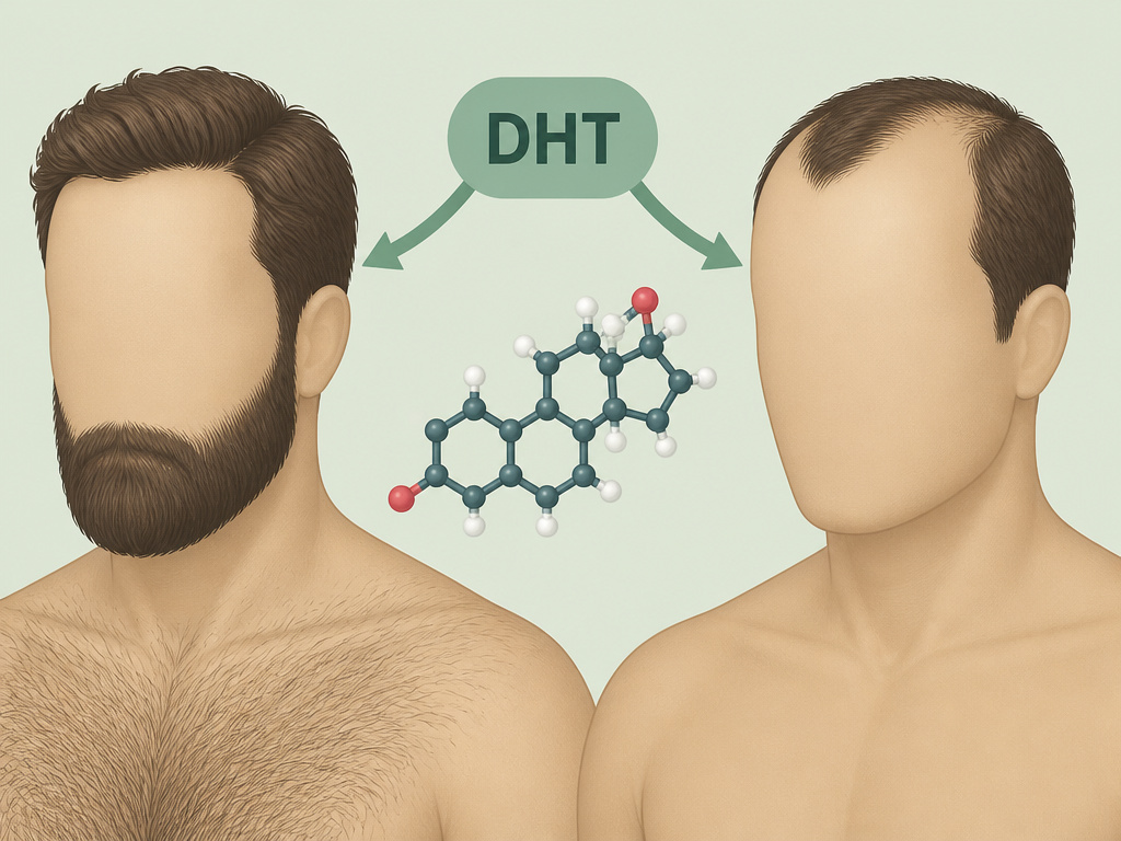 DHT hormone's dual role promoting beard growth and male pattern baldness diagram