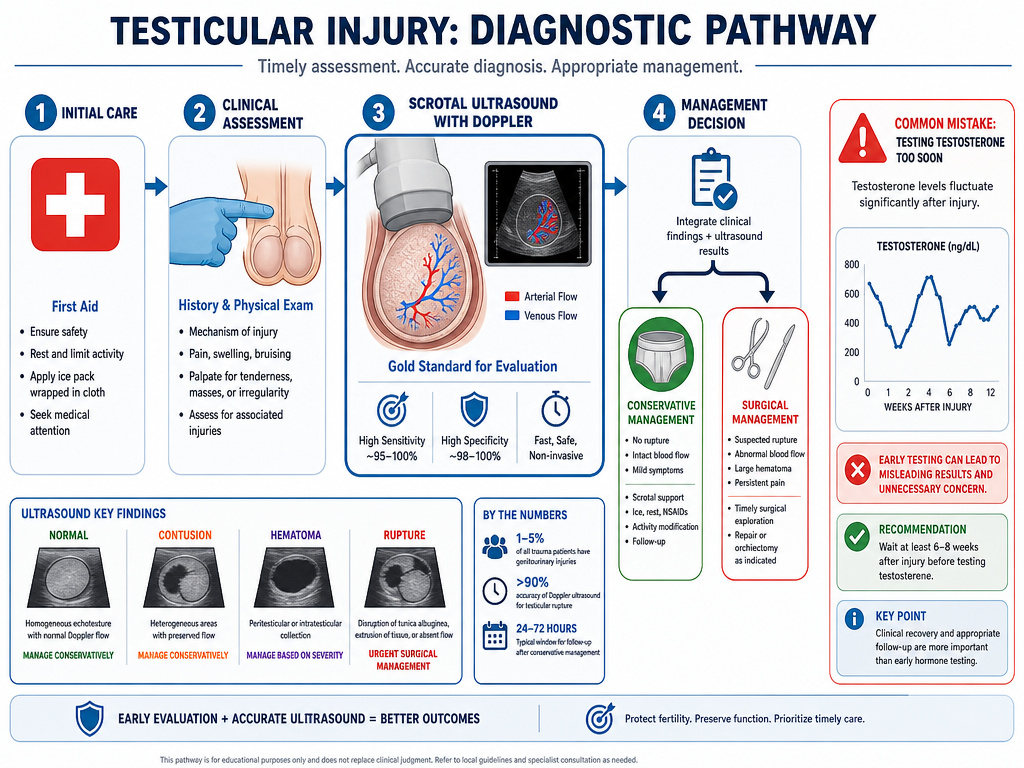 Diagnostic flowchart for testicular trauma and testosterone testing pitfalls.