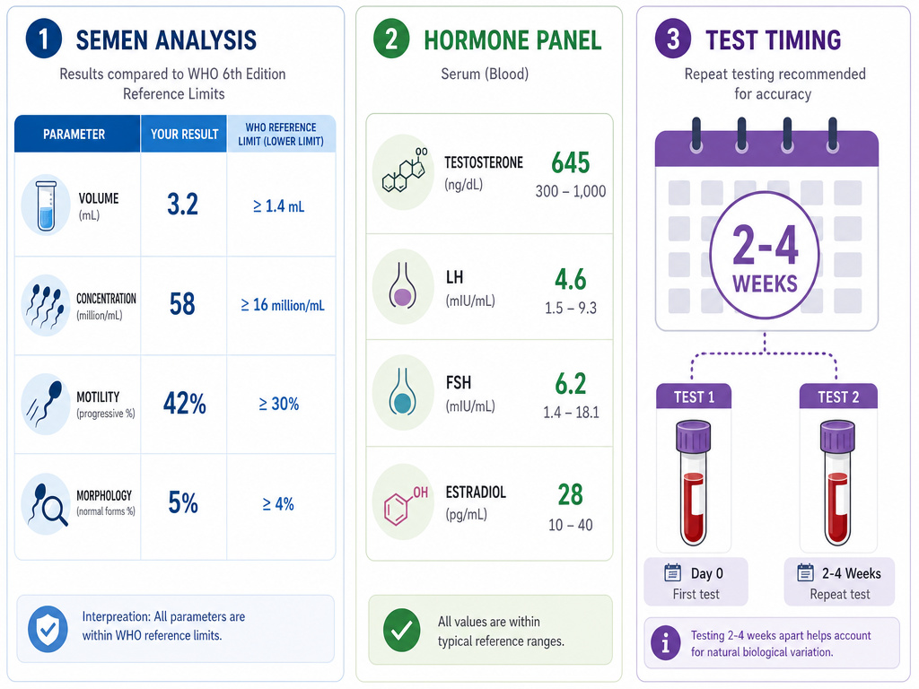 Diagnostic tests for low testosterone and male infertility: semen analysis and hormone panel.