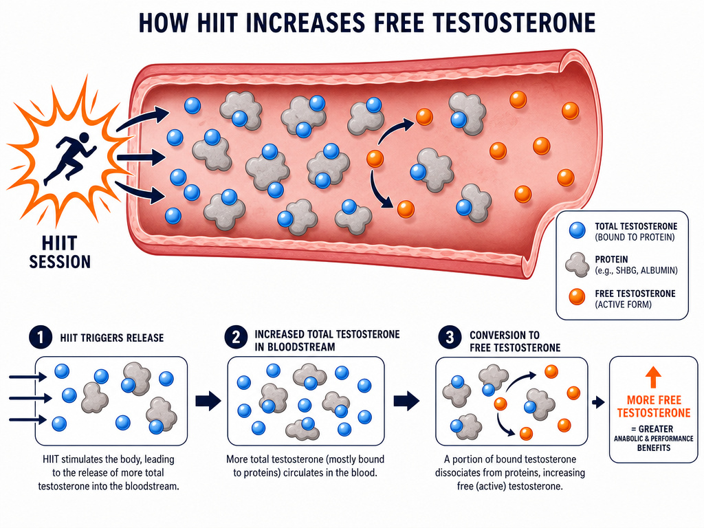 Diagram comparing bound total testosterone and free active testosterone in bloodstream after HIIT.
