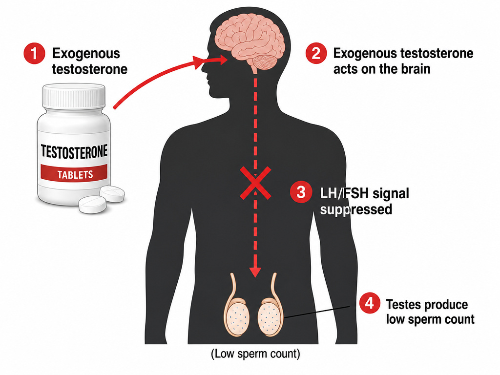 Diagram showing how exogenous testosterone supplements can suppress sperm production.