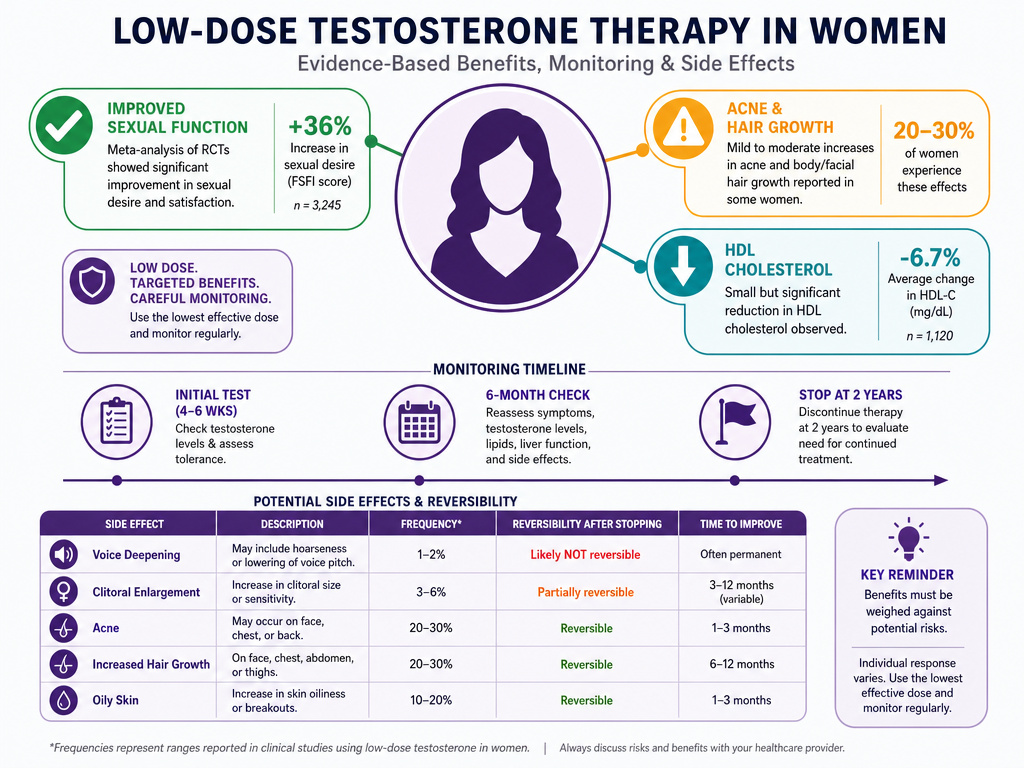 Infographic on testosterone benefits, risks, and monitoring protocol for women