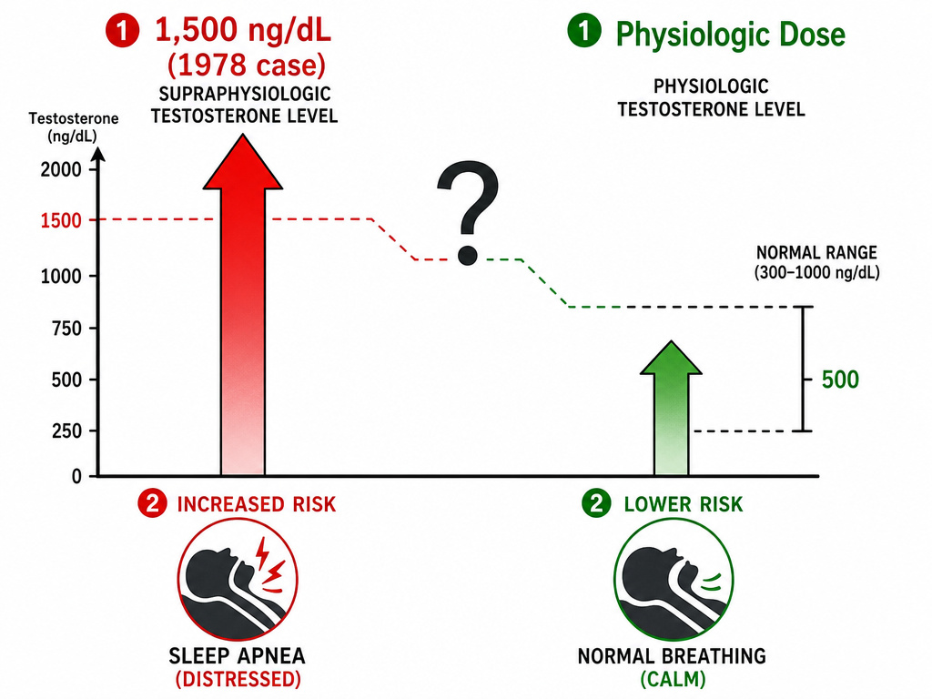 Diagram comparing high-dose TRT versus modern replacement for sleep apnea risk.
