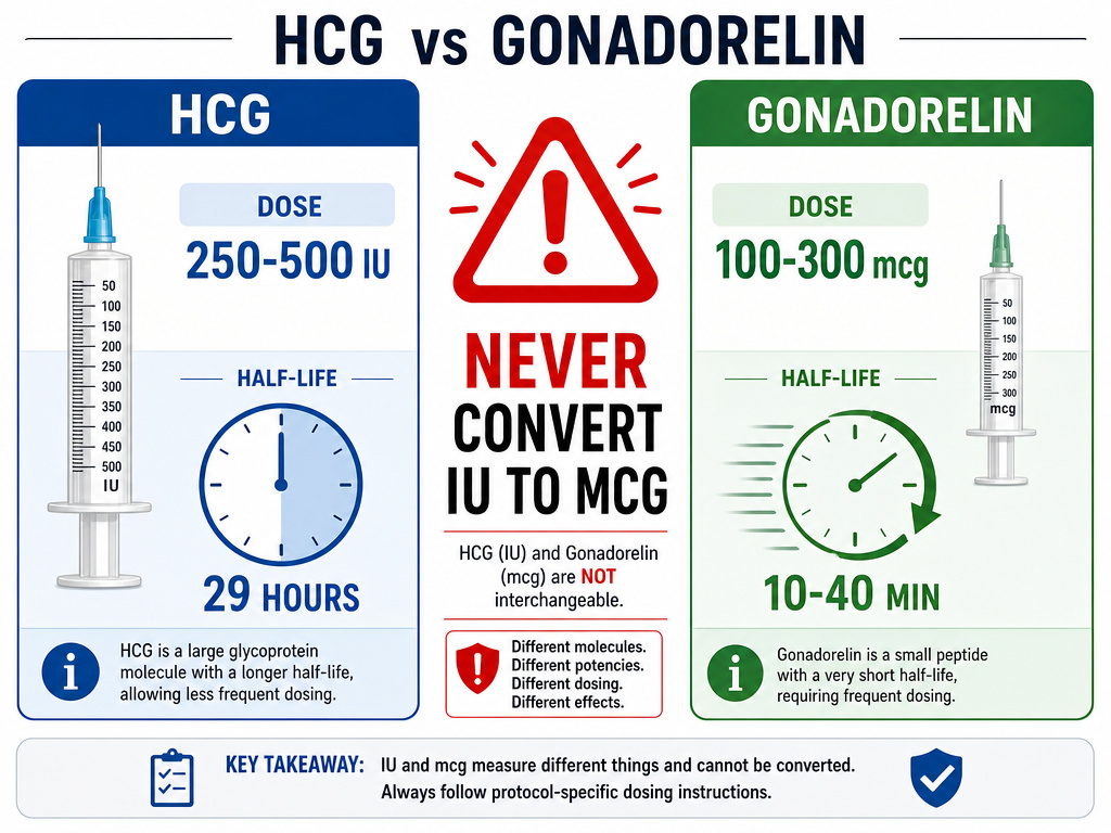 HCG vs Gonadorelin dosing, half-life, and unit comparison for TRT.
