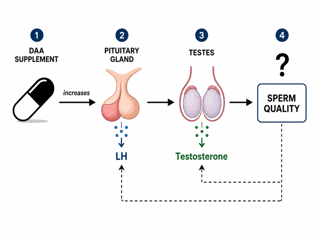 Diagram of D-aspartic acid's potential hormonal pathway to testosterone and fertility.