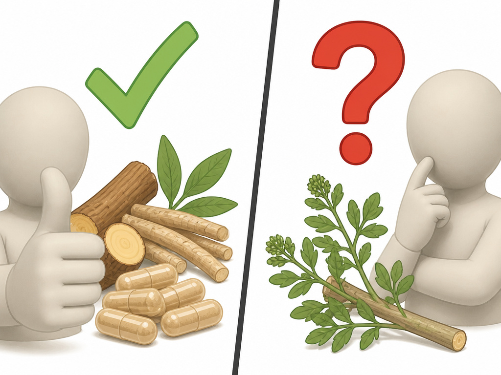 Fadogia Agrestis question mark versus other herbs with checkmarks for testosterone evidence.