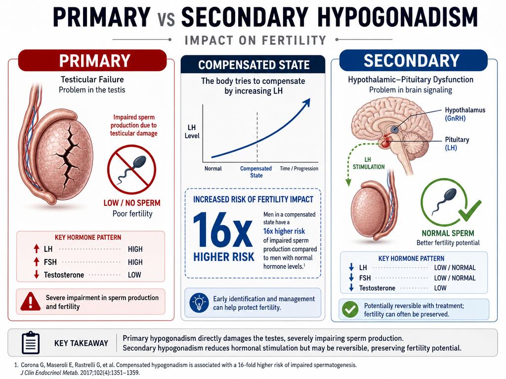 Infographic comparing fertility outcomes in primary versus secondary hypogonadism.