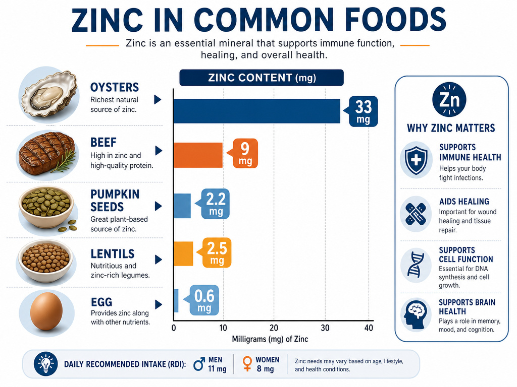 Infographic comparing zinc content in oysters, beef, pumpkin seeds, lentils, and eggs.