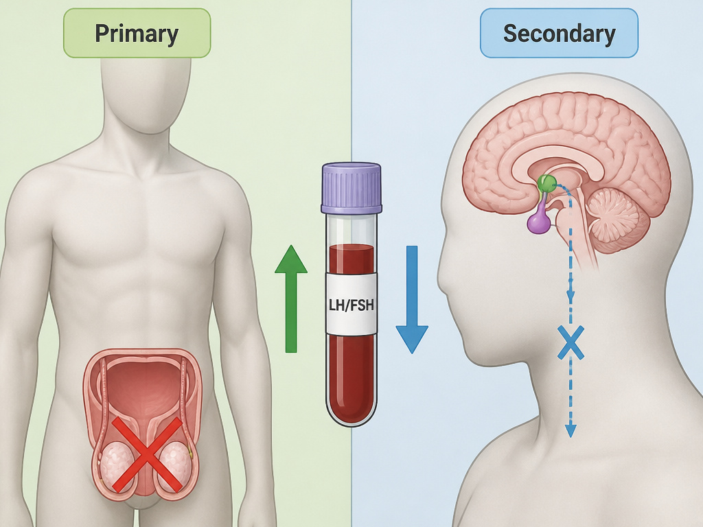 Primary versus secondary hypogonadism causes diagram comparing testes and brain.