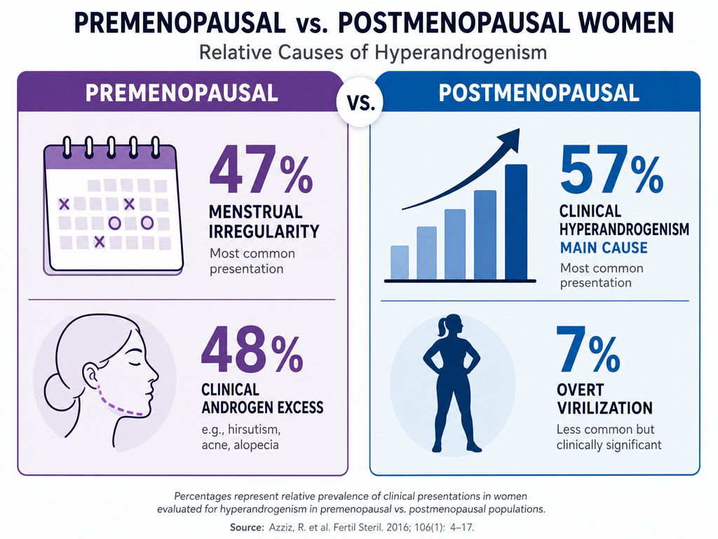 Infographic comparing high testosterone symptoms before and after menopause.