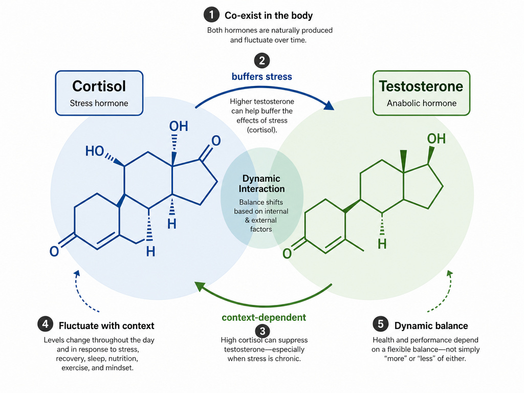Diagram illustrating the complex interaction between cortisol and testosterone hormones.