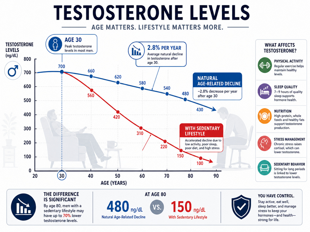 Infographic comparing natural testosterone decline to accelerated drop from inactivity.