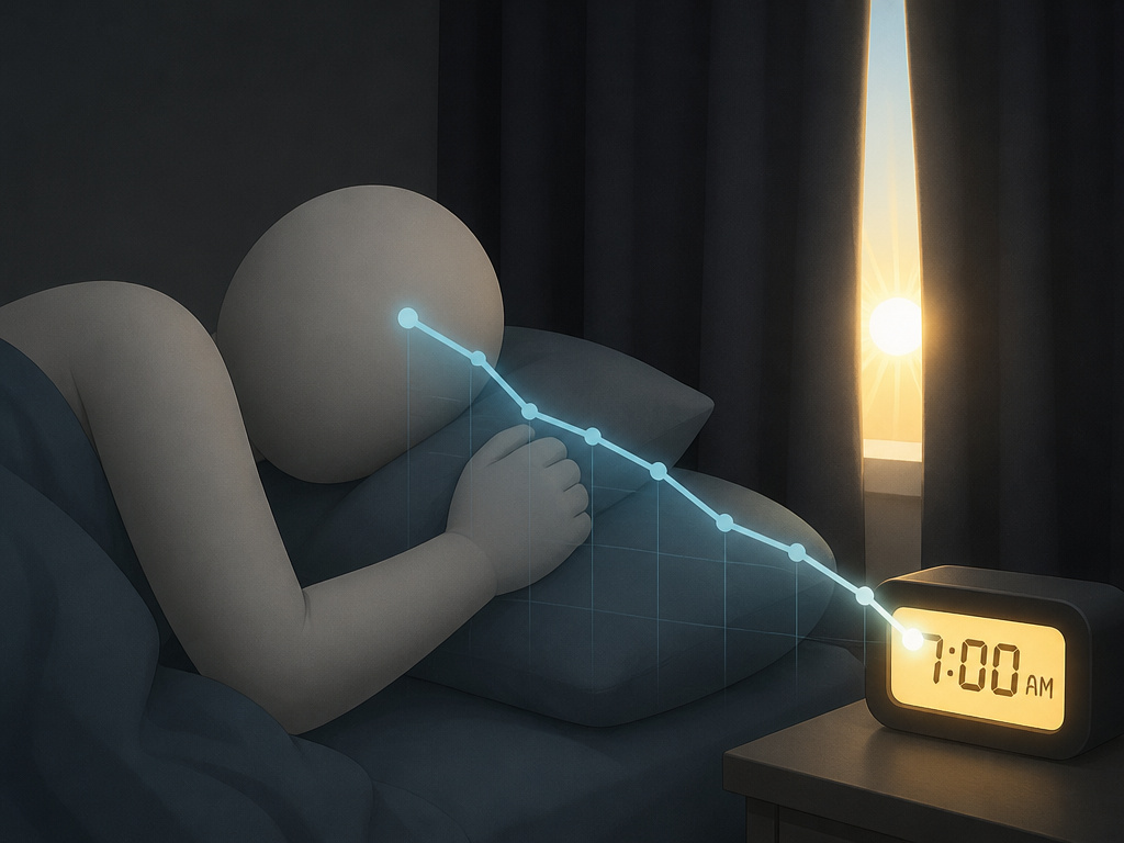 Cartoon of disrupted daytime sleep and declining testosterone graph for night shift workers.