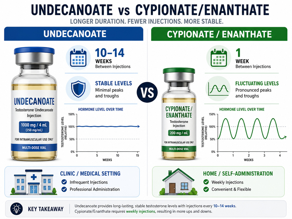 Comparison of long-acting versus short-acting testosterone injection frequency and stability