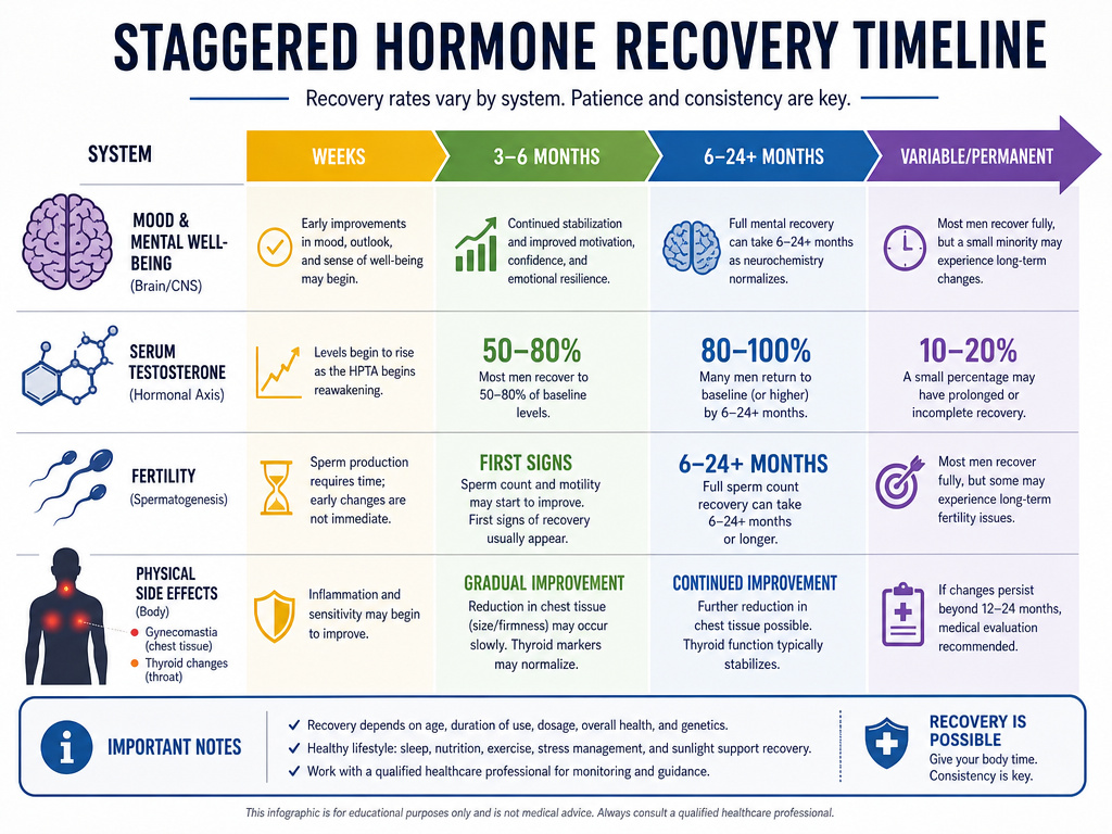 Infographic timeline showing hormone recovery stages after steroid use.