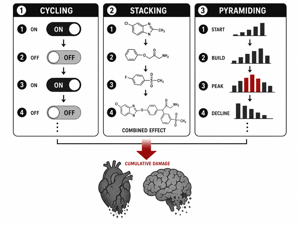 Diagram of steroid cycling, stacking, and pyramiding methods leading to organ damage.