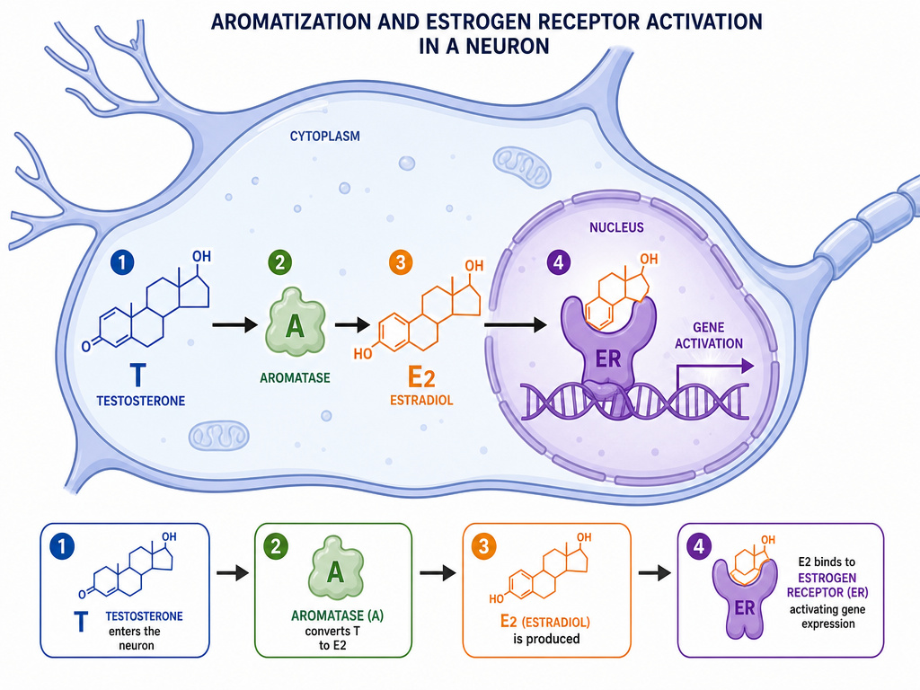 Diagram of testosterone converting to estradiol inside a brain cell