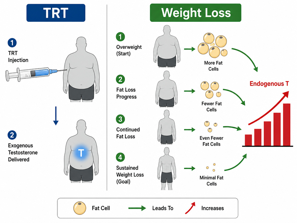 Diagram comparing TRT injection versus natural testosterone increase from weight loss.