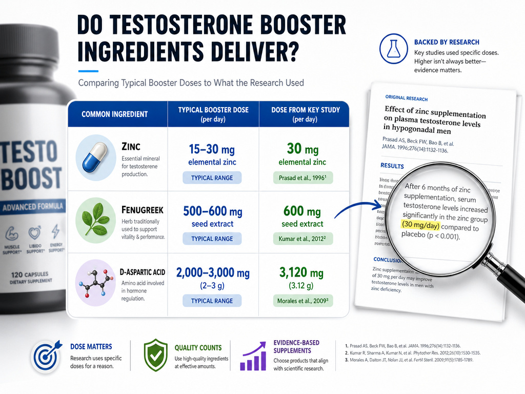 Infographic comparing supplement label doses to clinical research amounts.