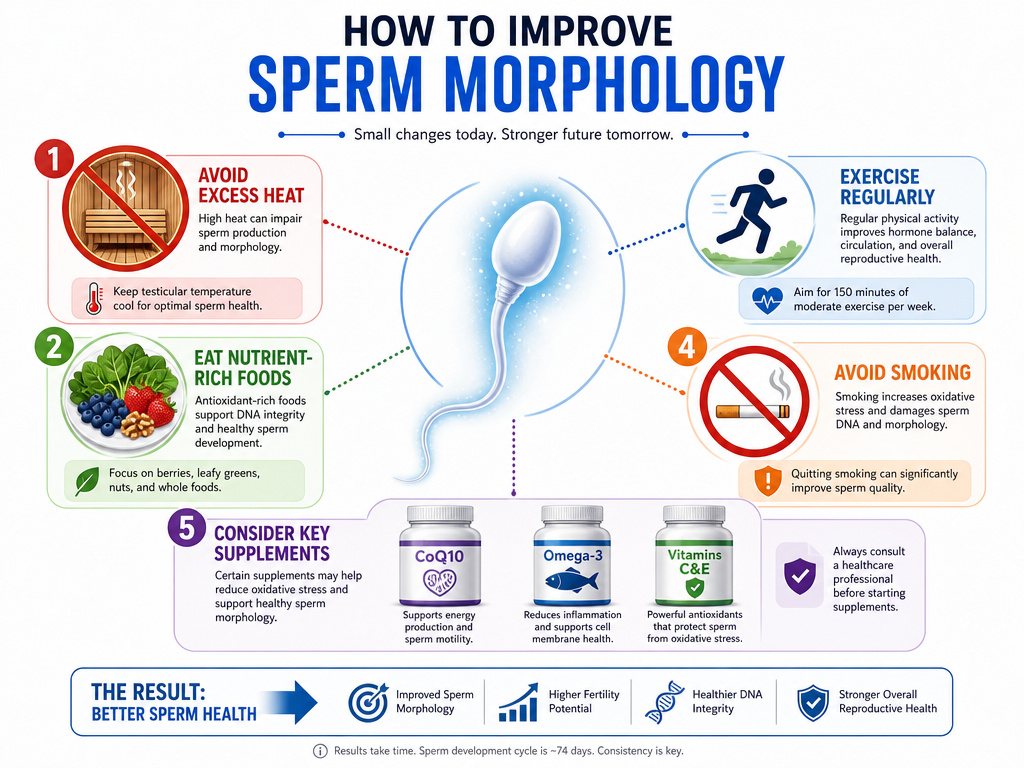 Infographic showing five lifestyle steps to improve sperm morphology and health.