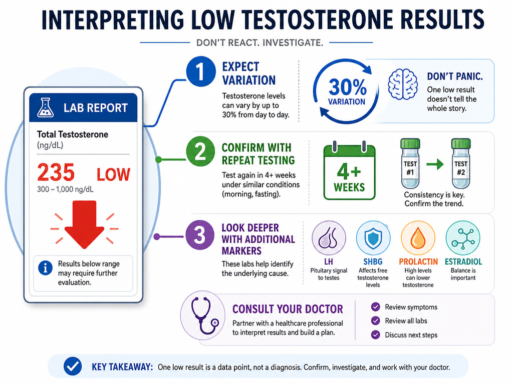 Infographic on steps to interpret and confirm low morning testosterone test results.