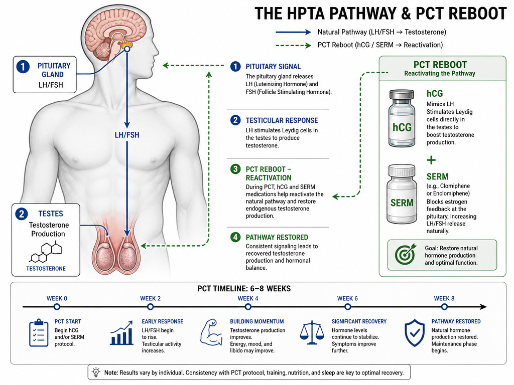 Diagram of Post-Cycle Therapy (PCT) to restart natural testosterone after TRT