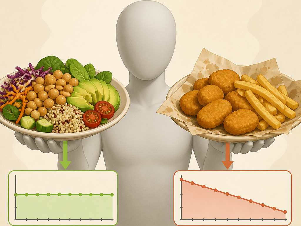 Visual comparison of whole-food vegan diet versus junk-food vegan diet impact on hormones