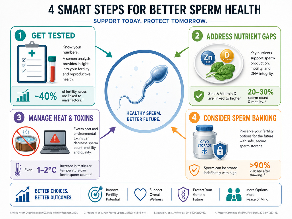 Infographic on lifestyle steps to support male fertility and testosterone