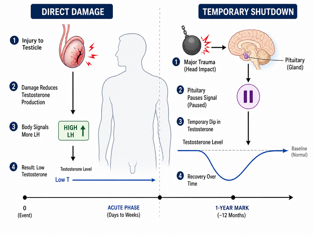 Diagram comparing permanent and temporary low testosterone causes after testicular injury.