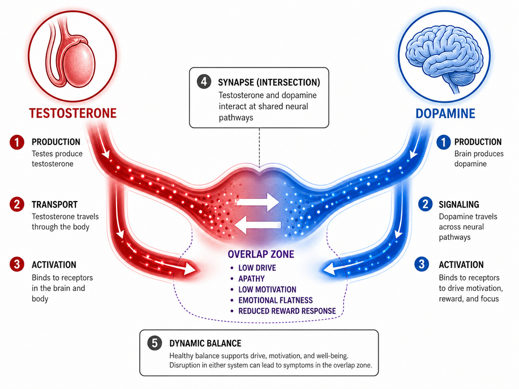 Diagram showing the intertwined relationship between testosterone and dopamine pathways.