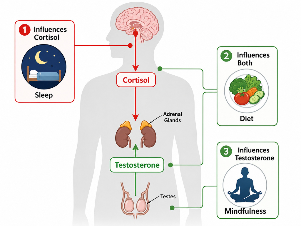 Diagram showing how sleep, diet, and mindfulness affect cortisol and testosterone balance.