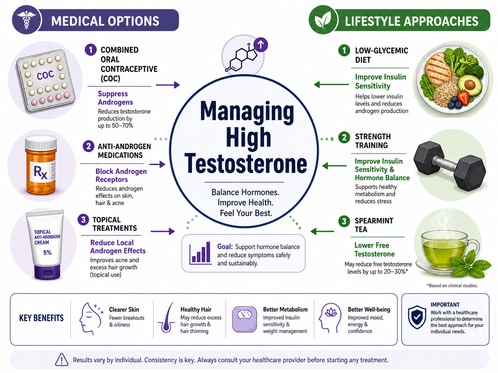 Infographic comparing medical and lifestyle management for high testosterone in women.