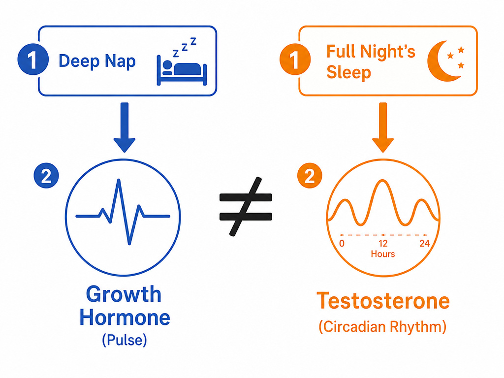 Diagram comparing growth hormone release from naps versus testosterone from nightly sleep.