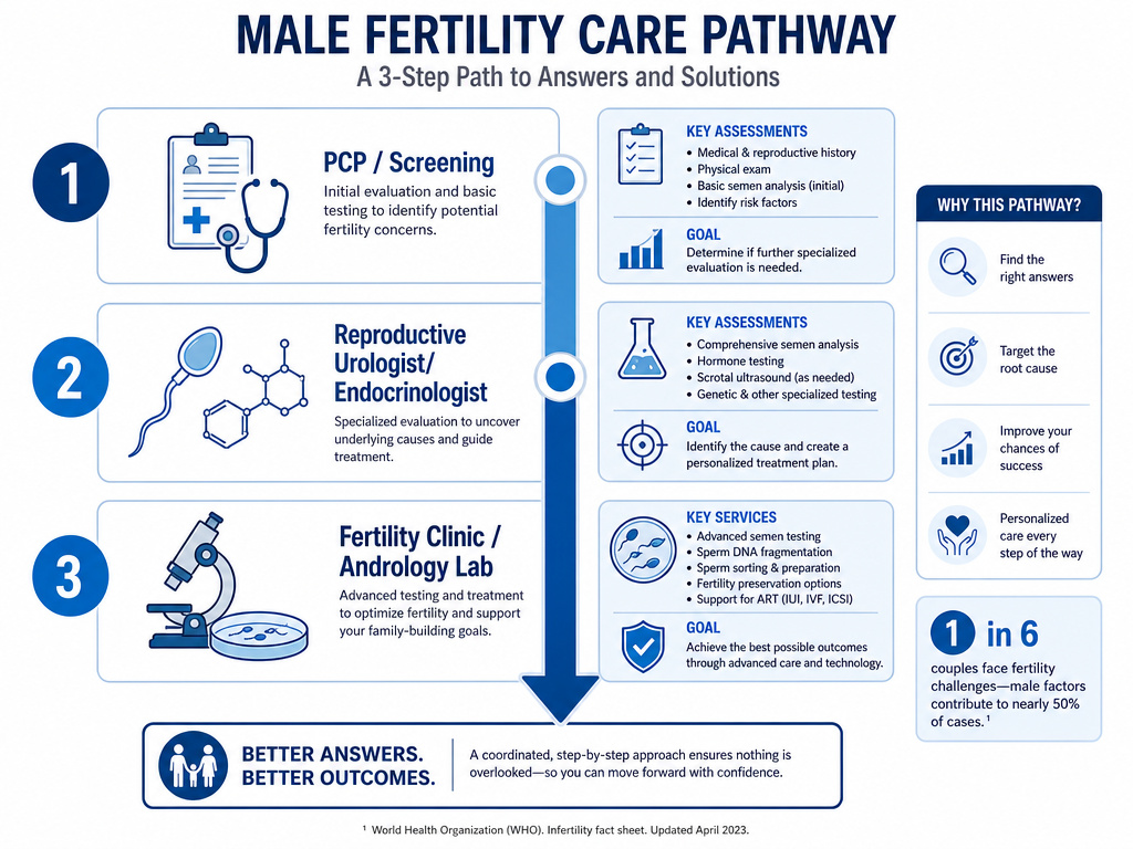 Pathway from primary care to specialist for low testosterone and infertility diagnosis.