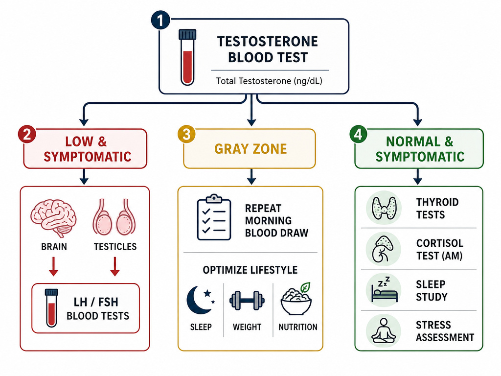 Flowchart for next steps after receiving low or normal testosterone lab results