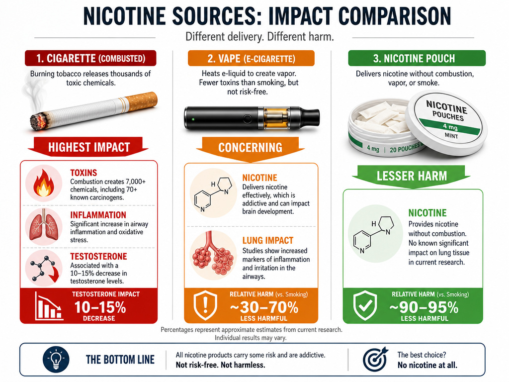 Comparing how cigarettes, vaping, and nicotine pouches affect testosterone levels.