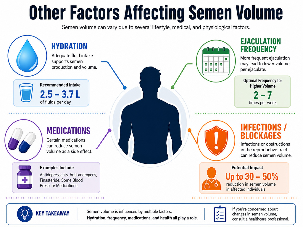 Infographic listing hydration, frequency, medications, and health factors impacting semen volume.