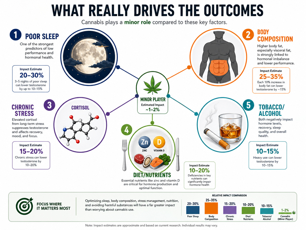 Infographic showing major factors that lower testosterone more than cannabis use.
