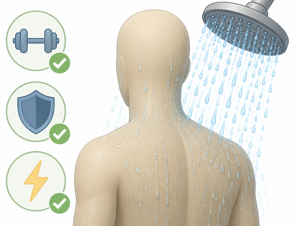 Cartoon of a cold shower with icons for recovery, immunity, and mood benefits.