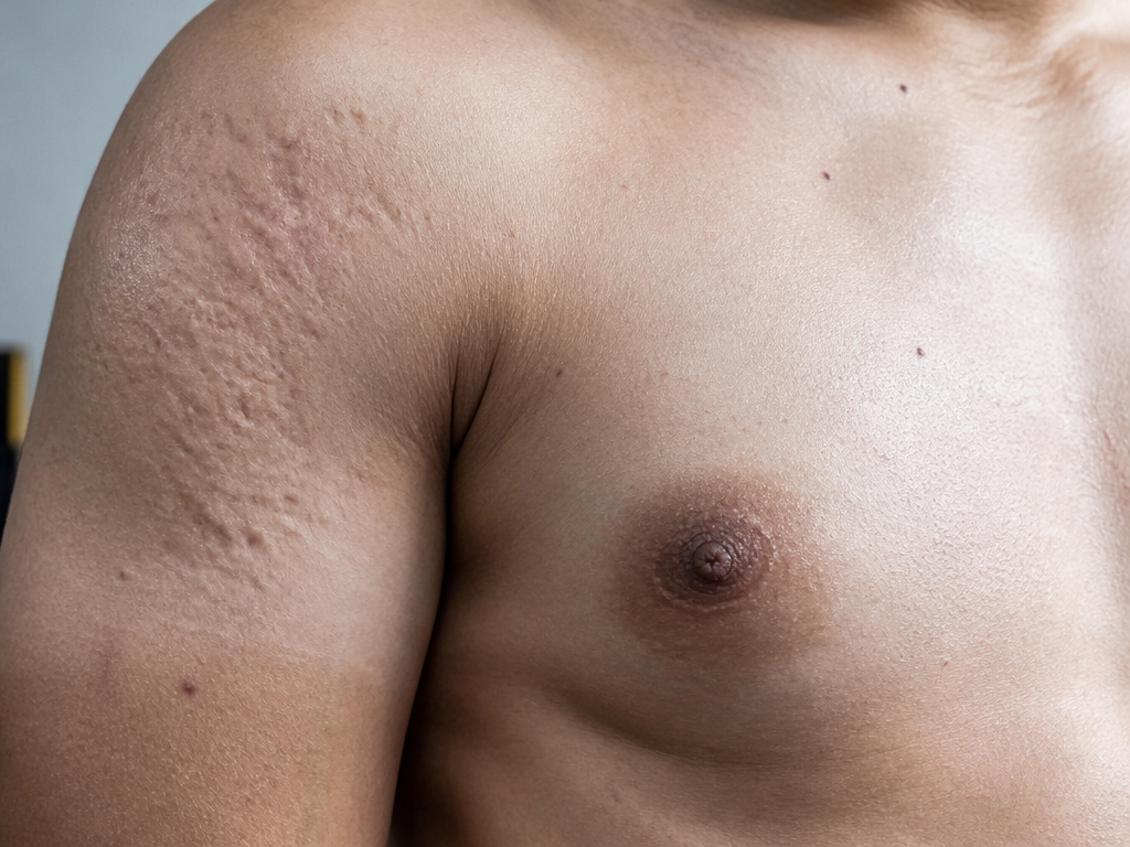 Permanent steroid side effects: severe acne scarring and gynecomastia on male torso.