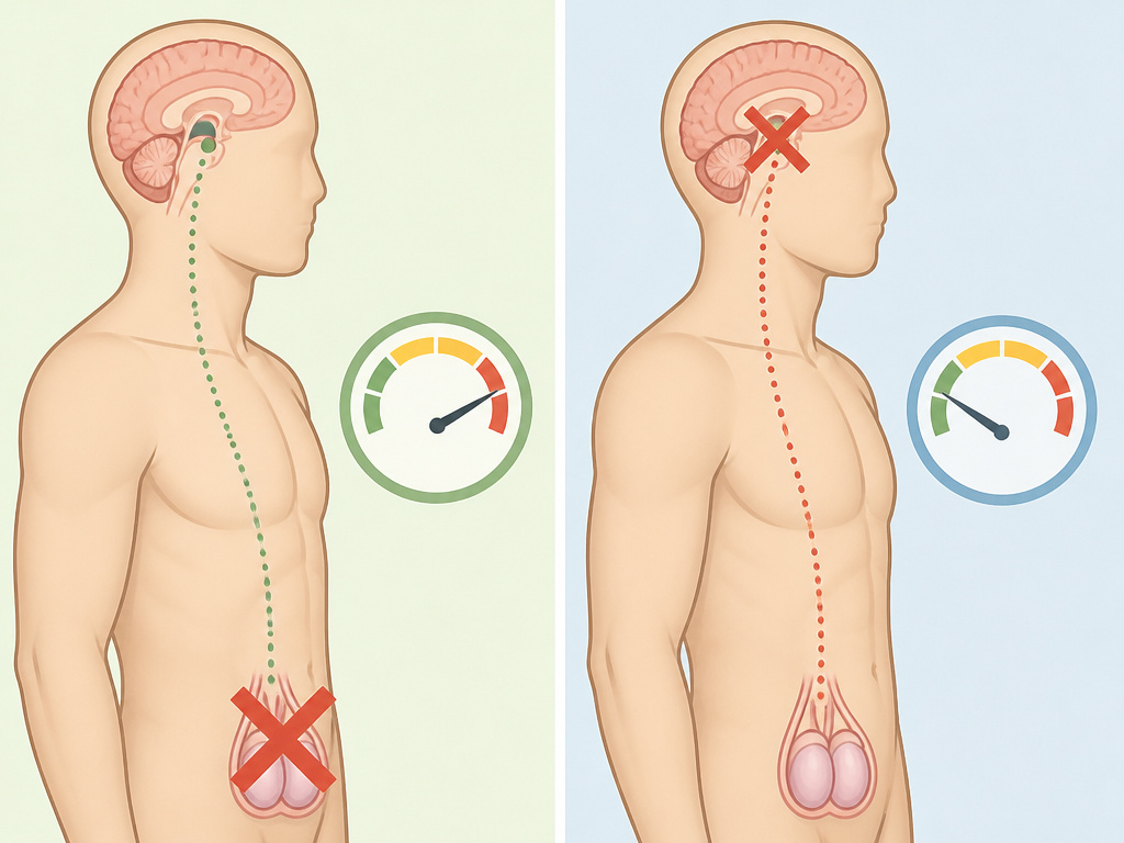 Diagram comparing primary vs secondary hypogonadism causes of low testosterone.