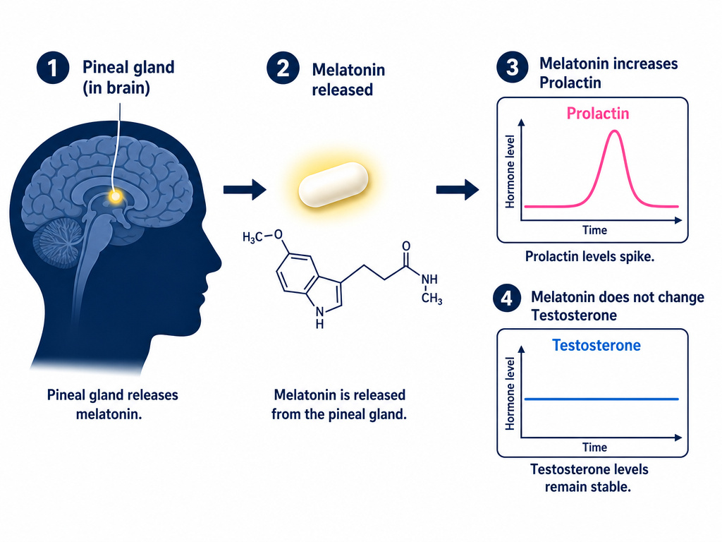 Diagram showing melatonin increasing prolactin but not affecting testosterone levels.
