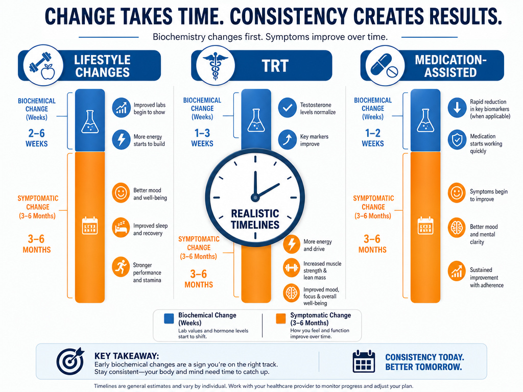 Infographic timeline for reversing low testosterone with lifestyle, TRT, and medication.